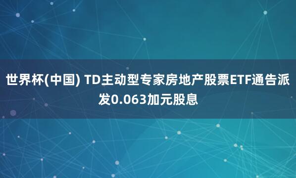 世界杯(中国) TD主动型专家房地产股票ETF通告派发0.063加元股息
